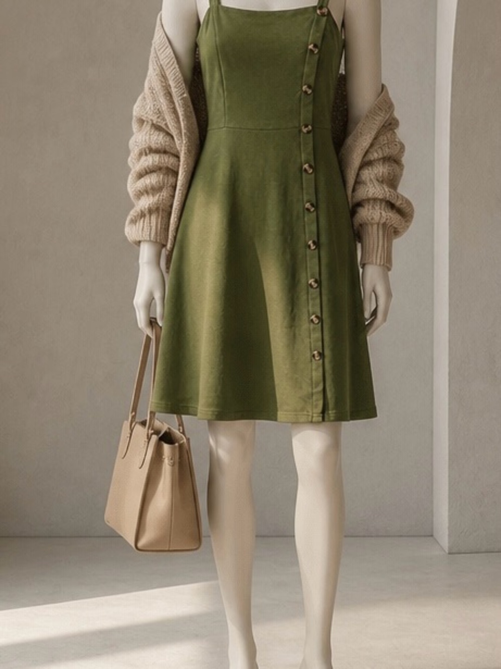 Olive Green Button-Accent A-Line Dress